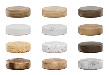 Round Podium in various material styles set pack isolated background 3d rendering	
