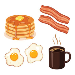 A breakfast illustration shows pancakes with butter and syrup bacon strips fried eggs and a coffee mug