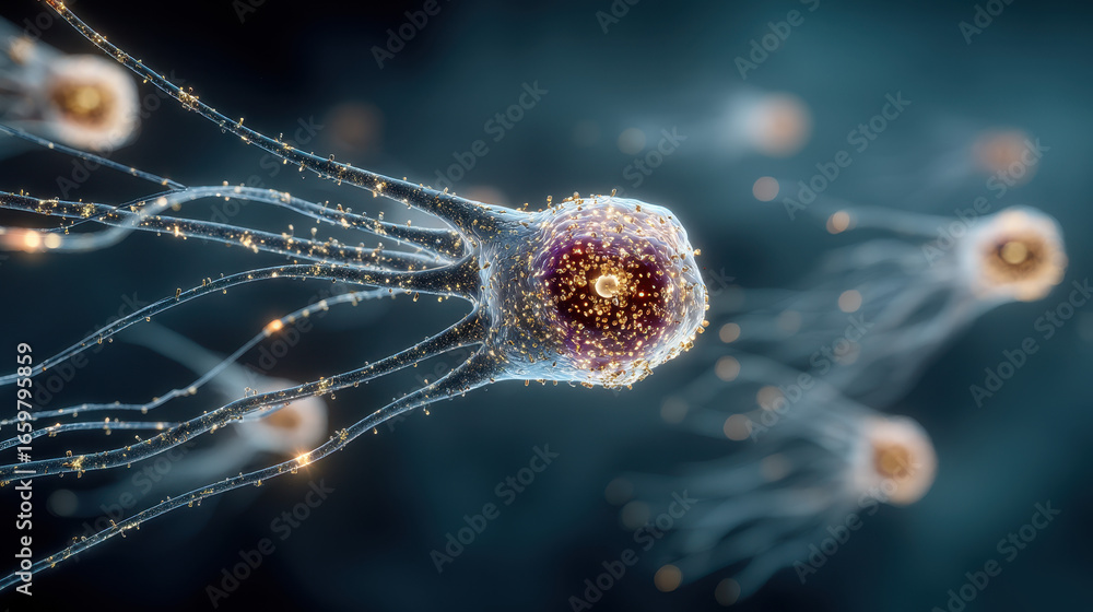 Poster abstract visualization of brain synapses with colorful neurotransmitter particles during depression 