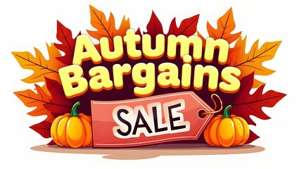 "Autumn Bargains" text surrounded by colorful autumn leaves and pumpkins, creating an inviting, fun vibe perfect for promoting fall discounts and sales in a vibrant flat vector style.