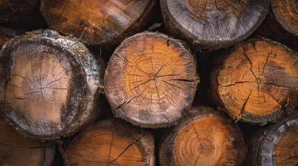 Naklejka premium A close-up view of stacked wooden logs, showcasing their rich textures and natural patterns.