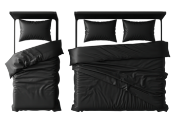 Minimalist Black Bedding Set Mockup Top View on Twin and Queen Beds Isolated
