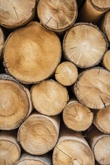 A close-up view of stacked tree logs, showcasing their natural patterns and textures, highlighting the beauty of wood in a rustic setting.