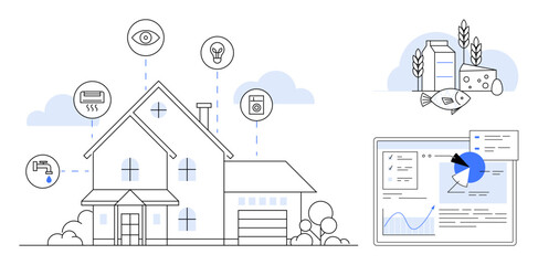 Connected home with IoT icons for security, energy, water, and appliances. Complemented by sustainability with food sources and detailed data analytics. Ideal for technology, sustainability