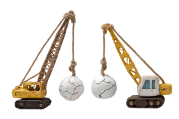 Two miniature cranes lifting large, cracked white balls