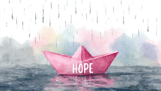 Watercolor paper boat hope rain rainbow