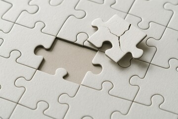 Fototapeta premium efficiency recession concept. Puzzle pieces with one piece missing, showcasing a beige background.
