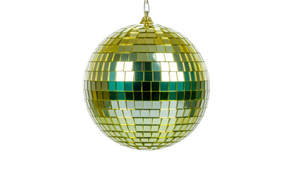 Obraz premium Gold and teal disco ball spinning and reflecting bright light perfect for party and celebration visuals isolated on solid white background in png