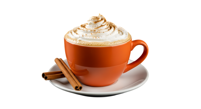 Pumpkin spice latte with whipped cream and cinnamon isolated on transparent background
