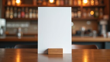 Blank menu card table tent on blurred cafe bar background. Empty white paper mockup on wooden table. Display food drink list, pricing special offers. Restaurant promotion.