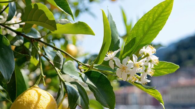 Vibrant lemon tree branch showcases ripe lemons and delicate blossoms, capturing the essence of nature's beauty in a serene waterfront setting