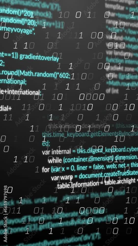 Poster animation of binary coding and data processing on black background