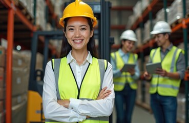 Portrait of smiling Asian warehouse worker woman with arms crossed. Supervisor talks with forklift driver, woman with tablet at background. Export, import logistics service business. Employee at