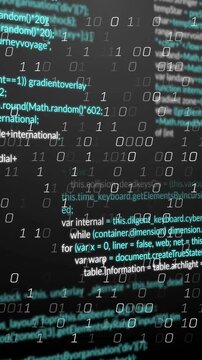 Animation of binary coding and data processing on black background