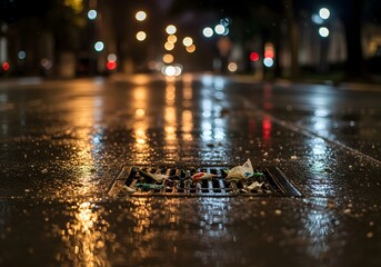 Rainy city street at night with reflections and trash near a sewer drain