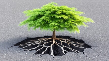 Resilience shown by a vibrant tree breaking through cracked asphalt ground, symbolizing growth