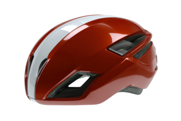 Red bicycle helmet with white stripe.  Glossy finish