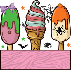 Halloween Ice Cream Popsicle Spider Web Cartoon Illustration T-shirt Design, Personalized Halloween Kids Girly Design