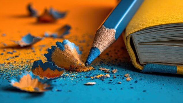 Vibrant Blue Pencil Shavings on a Yellow Notebook