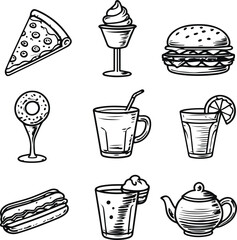 high-quality vector illustration. Includes pizza slice, burger, ice cream cone, coffee cup, cocktail glass, donut, cupcake, hotdog, sandwich, teapot 3
