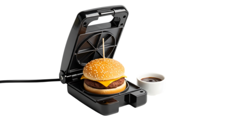 Mini burger maker with a cheeseburger and sauce isolated on transparent background