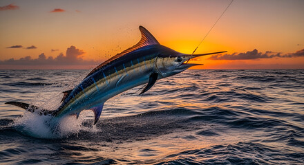 Fototapeta premium Marlin fish jumps from the sea when caught in fishing line