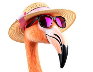 Flamingo wearing sunglasses and a hat
