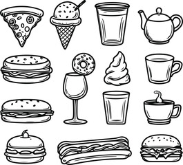high-quality vector illustration. Includes pizza slice, burger, ice cream cone, coffee cup, cocktail glass, donut, cupcake, hotdog, sandwich, teapot.