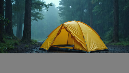 Bright yellow tent set up in muddy forest campsite during heavy rainfall. Waterproof shelter provides refuge from storm, with water puddles on wet ground. Thick trees surround camp area, creating