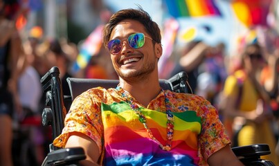 Inclusive image of a disabled homosexual man in a wheelchair, wearing a rainbow pride flag during Pride festivities. The image reflects LGBTQ+ disability inclusion and representation, Generative AI