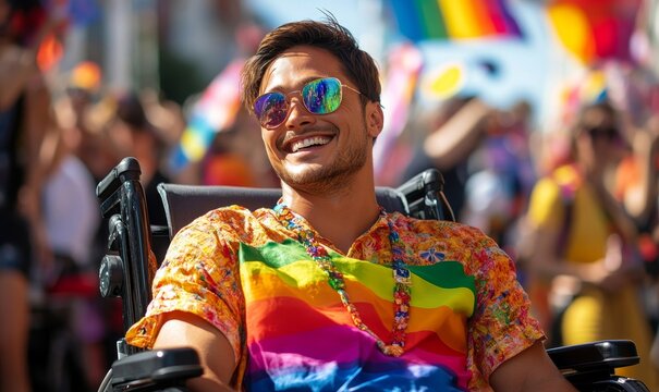 Inclusive image of a disabled homosexual man in a wheelchair, wearing a rainbow pride flag during Pride festivities. The image reflects LGBTQ+ disability inclusion and representation, Generative AI