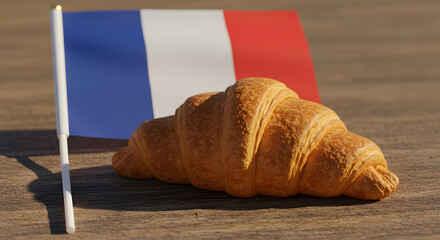 Golden Croissant and French Tricolor Flag on Wooden Table &ndash; Symbol of French Culture and Breakfast
