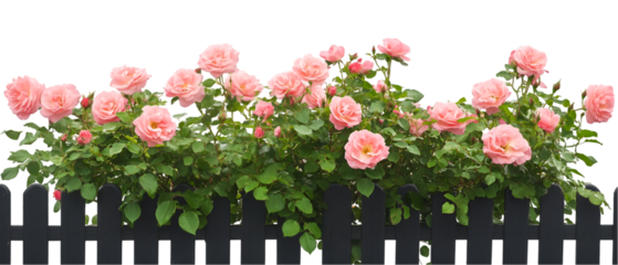 Vibrant pink roses bloom beautifully against lush green foliage, creating a romantic garden scene over a dark fence.