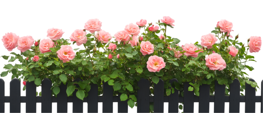Vibrant pink roses bloom beautifully against lush green foliage, creating a romantic garden scene over a dark fence.