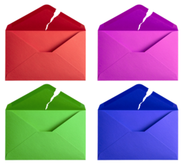 open torn envelope in four colors isolated on white background