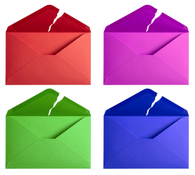 open torn envelope in four colors isolated on white background