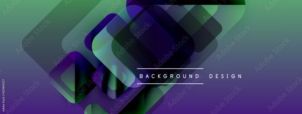 Poster abstract geometric shapes overlap, creating vibrant gradient effect. purple, green hues dominate com