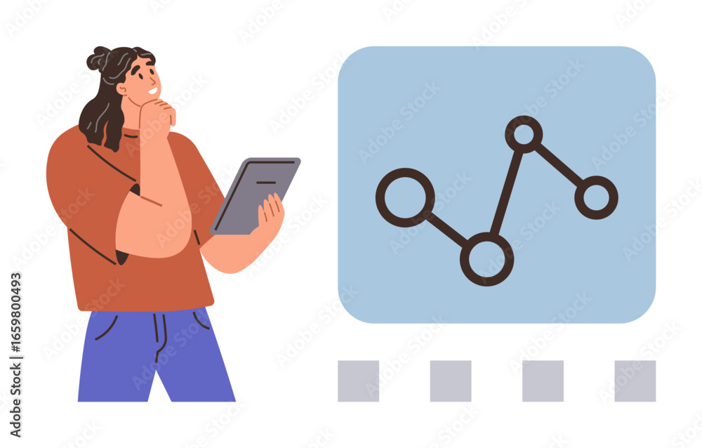 Aufkleber woman with tablet thinking and studying analytics chart with connected dots and grid. ideal for data