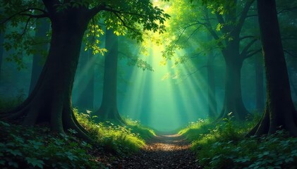 Deep, mysterious forest background with dappled sunlight filtering through the leaves, creating a magical atmosphere Perfect for fantasy, fairytale, or nature-themed projects , tranquil, spring