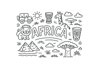 Cute doodle style illustration with large central word Africa surrounded by various simple stroke line art doodles like safari lion giraffe drum pyramid tribal mask baobab tree and savanna