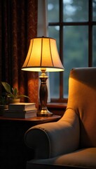 Elegant table lamp illuminating a cozy reading nook, casting a warm glow on books and a plush armchair Perfect for interior design, home decor, and lifestyle imagery , cozy atmosphere, reading lamp