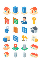 Isometric icons depicting real estate, including houses, buildings, sale signs, and related objects.