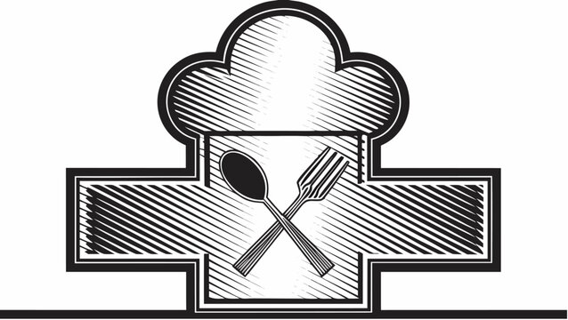 Illustration of a chef hat above a cross shape with a spoon and fork crossed in the center in black and white |  editable eps vectors silhouette