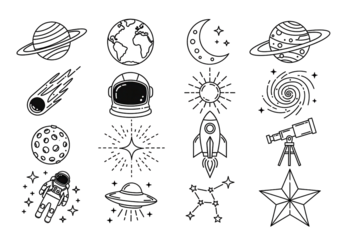 Minimalist Space Icon Set Vector. Outline Astronomy, Galaxy, and Astronaut Line Art Symbols Collection.