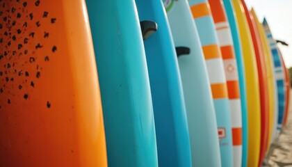 Close up of colorful surfboards for rent. Surfing background. Sunny weather. Stacked surfboards in different colors for rental service at beach. Surfboards racked at shop.