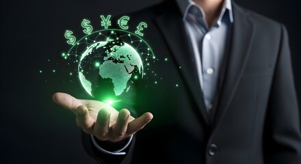 A person in a suit holds a glowing globe with currency symbols, representing global finance and business concepts.