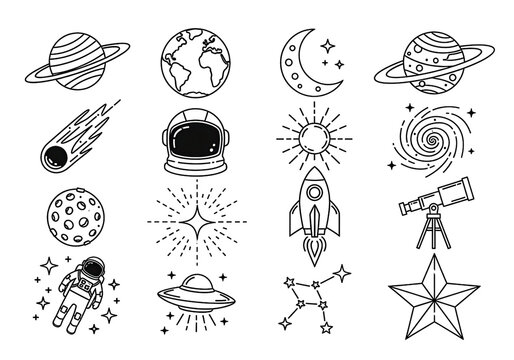 Minimalist Space Icon Set Vector. Outline Astronomy, Galaxy, and Astronaut Line Art Symbols Collection.