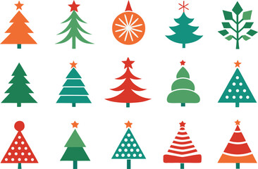 Collection of stylized christmas trees and ornaments in red green and orange