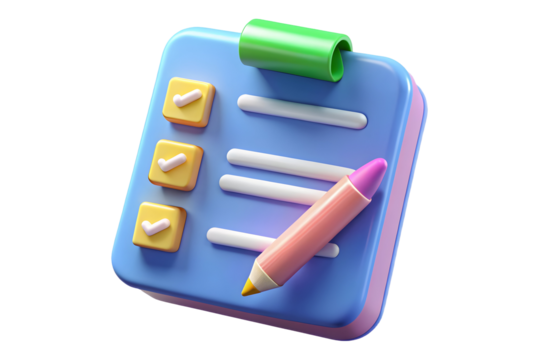 3d clipboard with checkmarks and pencil for task management design on transparent background