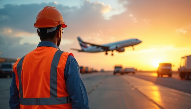 Airport construction site worker in orange safety vest observes airplane. Man wears hard hat. Aircraft taking off during sunset. Aerodrome operations management. Engineering, aviation, travel